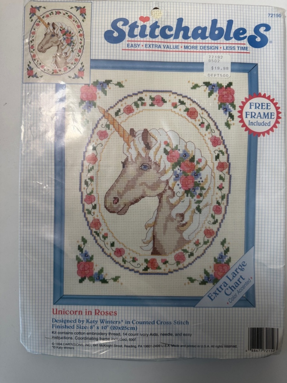 Unicorn in Roses Cross Stitch kit with frame